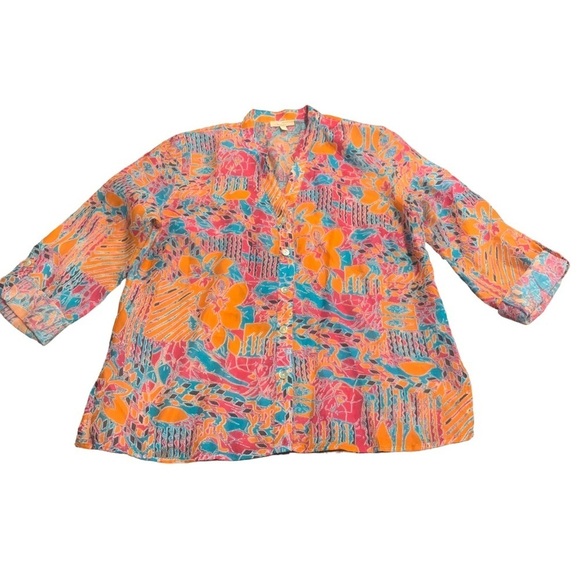 Choices Women’s Disco Pink Orange Turquoise  Linen Blend Sheer Top Large - Picture 1 of 9